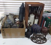 Assortment of outside lanterns, two ceramic decorative glass bowls, a cast iron bootscraper and