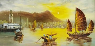 C Lau (20th century) Oil on canvas  Eastern river scene with sailing junks and cityscape to
