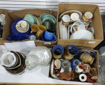 Three boxes of mixed ceramics including some mid-century dinnerware plus chamber pot, plant pot