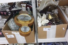 Two boxes of mixed items including toast racks, a modern banjo barometer, decorated brassware and
