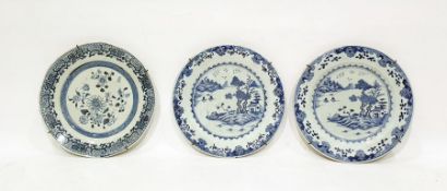 Pair of 19th century Chinese porcelain plates with underglaze blue painted lakeside landscape to the
