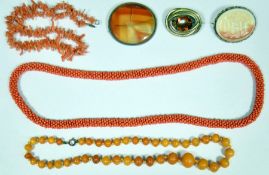 Amber-coloured bead necklace, graduated, old branch coral bead necklace, white opaline glass cameo
