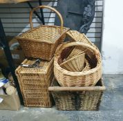 Various baskets including picnic basket, large shopping basket, log basket and three others