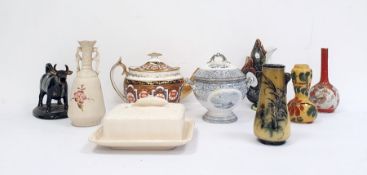 Spode teapot together with a 19th century Goebel fish jug, a pottery cow creamer, majolica jug,