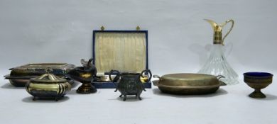 Large quantity of EPNS ware to include EPNS-mounted decanter, sugar scuttle, boxed flatware, trinket