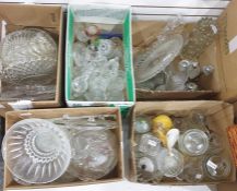 Five boxes of mixed moulded glassware including cakestands, vases and bowls