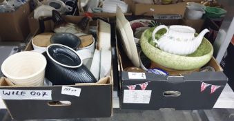 Four boxes assorted ceramics to include cups, storage jars, large bowls, a ceramic chicken egg