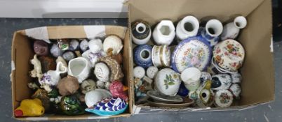 Two boxes comprising a collection of small porcelain and pottery decorative vases, trinket dishes, a