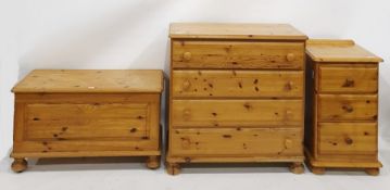 20th century pine bedroom furniture to include chest of four drawers, blanket chest and a bedside
