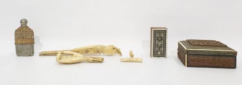 Pierced and carved bone back scratcher carved in the form of a hand (damaged), two hardwood and