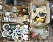 Four boxes of assorted ceramics and glassware to include novelty biscuit barrel in the shape of a
