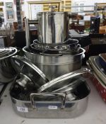 Stainless steel Le Creuset roasting dish, two lidded saucepans, two mixing bowls, etc  Condition