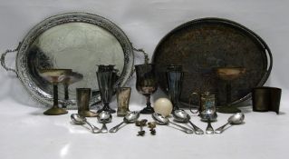 EPNS oval tray with gallery border, pair EPNS vases, goblets, flatware and other items (1 box)