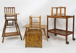 Assorted items to include child's vintage high chair, coffee table, two-tier tea trolley, string-