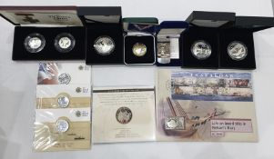 Collection of military related silver coins and ingots to include 1 x D-Day £5 coin, 1 x George &