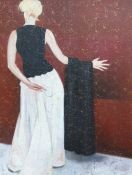 Oil on canvas Unattributed Full length portrait of a woman holding a shawl over her arm with her