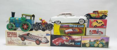 Quantity of tinplate wind-up toys including scooter, steam engine, gas wagon, etc and other model