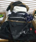 Box and bag of camera equipment including tripods, blankets, etc (2)