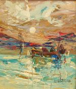 Pino La Vardera  Oil on panel  Fishing by moonlight, signed lower right, 20cm x 17cm