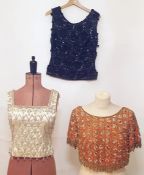 1950's satin bodice top trimmed with bugle beads, crystal, etc, an orange and turquoise bodice top