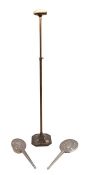 Brass adjustable hat stand, a 1950's metal dressing table mirror and matching brush with repousse