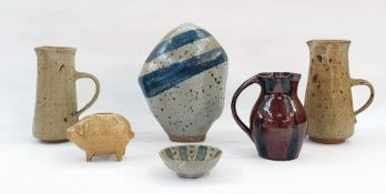 Studio pottery sculpture of naturalistic form, cream ground with two blue rings, signed 'H.Bland' to