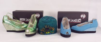 Two pairs Jan Jansen new blue nubuck wedge platform shoes with laces and silver and green printed