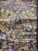 Chinese/Tibetan painted silk thangka centred by seated Buddha with surround of numerous