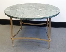 20th Century coffee table, circular green marble top  on stretchered brass base (70cm diameter)