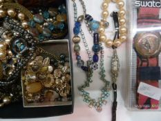Assorted costume jewellery including 1930's diamante cocktail watch, a PopSwatch in original case,