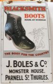 Enamel sign marked 'Blacksmith, Boots made at Dundalk, The Boot for the Country, J Bowles & Co,