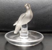 Lalique Dove frosted crystal glass bird trinket/pin tray, signed to base