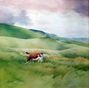 Elizabeth Reid  Oil on panel Cows in field, signed lower left, bears label verso, 59cm x 59cm