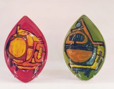 Two Poole Pottery teardrop-shaped dishes, one red ground the other green ground (2)  Condition