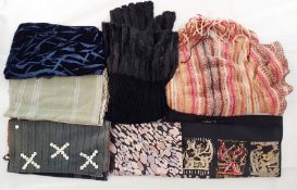 Various scarves including Dries van Noten, panels of silk with mother-of-pearl button and