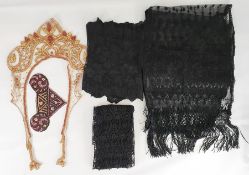 Black Victorian net and embroidered scarf/shawl with a deep fringe, a length of black lace, a