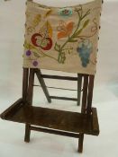 Vintage small folding and adjustable reading/beach chair with crewel work fabric back- rest