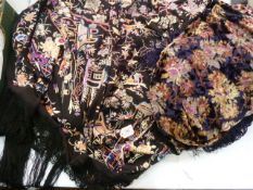 Large embroidered piano shawl in black silk, embroidered with Chinese pagodas, flowers, etc and a