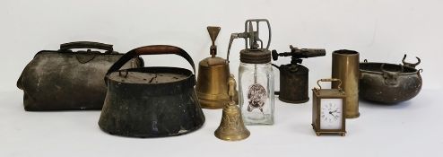 Military brass cannon shell, a brass bell, a pewter tankard, a leather Gladstone bag and a metal