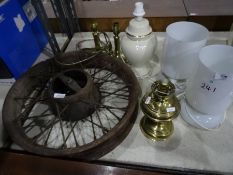 Cast iron vintage cart/car wheel, a pair of brass table lamps, a pair of glass table lamps, a
