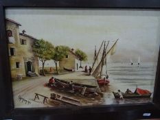 Oil on board Mediterranean harbour scene, signed Caminiti Watercolour drawing  Young girl in a mob