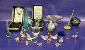 Pair of commemorative handmade lead crystal goblets from Royale County (boxed), various vases, a