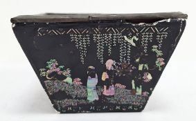 Chinese lac burgaute small bowl, square and and tapering, typically decorated with shell figures