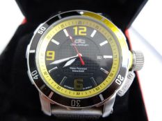 Gent's deLorean stainless steel wristwatch, water resistant, with black dial, boxed