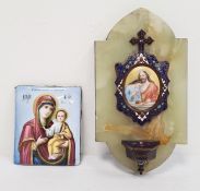 Russian enamel plaque featuring Virgin Mary and Baby Jesus, 9cm x 7.5cm and a further wall-hanging