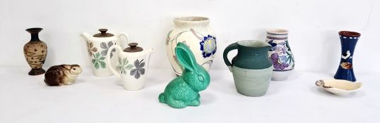 Poole pottery vase, a Torquay pottery vase, a Sylvac style green glazed rabbit, a Doulton Lambeth