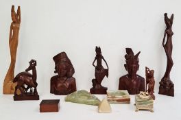 Collection of carved hardwood figures to include a pair of busts and various Asian ladies, a model