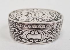 Probably late 19th century continental silver-coloured patchbox, possibly Austro-Hungarian, oval and