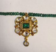 Polychrome enamel green, white and pink stone pendant with green hardstone bead necklace Condition