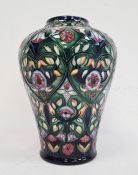 Moorcroft inverted baluster-shaped vase, ‘Anatolia’ pattern, green ground with pink and white